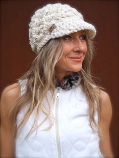 Crochet Hats With Brim, Crochet Visor, White Crochet Beanie, Hats With Flowers, Slouchy Beanie Crochet, Bohemian Hat, Bohemian Hats, Braided Scarf