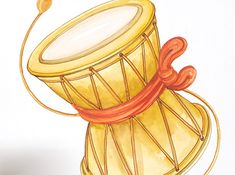 a drawing of a yellow drum with red strings and an orange band around the top