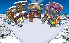 a cartoon scene with lots of snow on the ground and buildings in the background that say nightclub