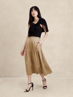 Slub Satin Pleated Midi Skirt | Banana Republic Factory Banana Republic Factory, Pleated Midi Skirt, Pin Tucks, Cropped Top, Tie Backs, Linen Fabric, Banana Republic, Midi Skirt, Satin