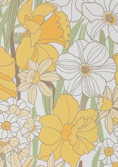 yellow and white flowers with green stems on a white wallpaper background that is in full bloom