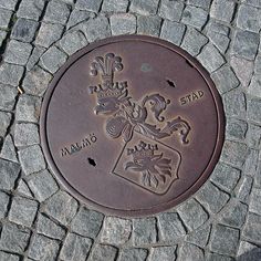 a manhole cover with a coat of arms and crown on it in cobblestone