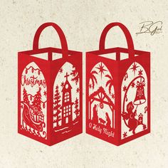 two red paper bags with christmas designs on them