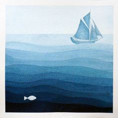 a watercolor painting of a sailboat in the ocean with a fish swimming by