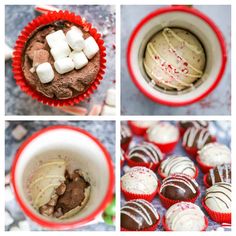 four different pictures of cupcakes with marshmallows in them