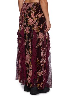 This maxi skirt has a burnout velvet and lace construction, an all over floral print, a layered ruffled mesh detail, and a back zipper closure. Current Mood Clothing, Floral Print Maxi Skirt, Print Maxi Skirt, Burnout Velvet, Printed Maxi Skirts, Velvet Lace, Floral Print Maxi, Current Mood, Exclusive Collection