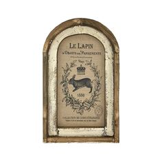 an old wooden frame with the label le lapin on it's front and side