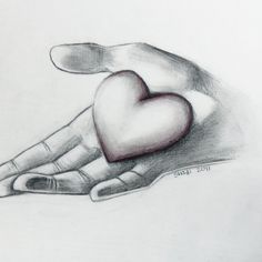 a drawing of a hand holding a heart in the palm of it's left hand