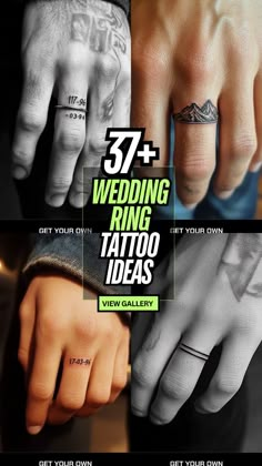 tattoos on the fingers and hands are shown in this collage with text that reads 37 wedding ring tattoo ideas get your own