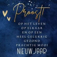 a poster with the words proost written in gold on a blue background