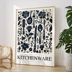 the kitchenware poster is next to a chair and potted plant in front of it