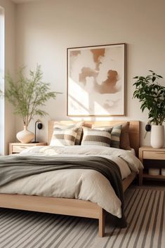 a bedroom with a bed, nightstands and potted plants