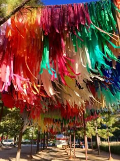 colorful streamers hanging from trees in the park