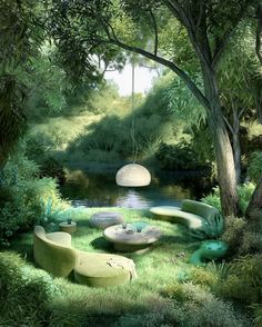 a painting of some kind of outdoor area with grass and rocks in the ground, water and trees around it