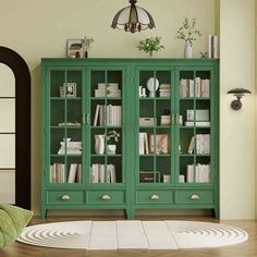 a green bookcase in the corner of a room with a rug on the floor