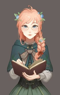 a girl with pink hair and glasses is reading a book while wearing a green dress