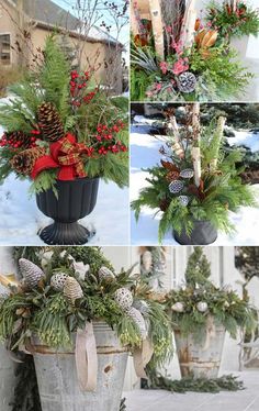 four different pictures of christmas decorations in buckets with pine cones, evergreen and berries