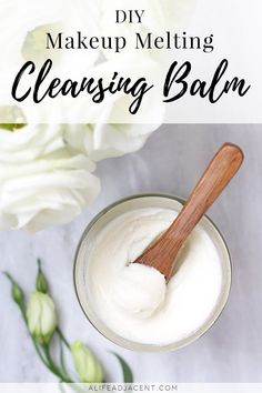 DIY Cleansing Balm. There’s no need to pay for expensive store bought cleansing balms! Learn to make a simple, makeup-melting DIY cleansing balm with only 2 natural ingredients. This creamy cleanser dissolves makeup, oil and grime effortlessly. Leaves skin soft & moisturized. #alifeadjacent #diybeauty #diyskincare Face Cleansing Balm Recipe, Diy Body Care Beauty Hacks, Homemade Cleanser For Face, Creamy Cleanser