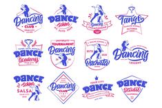 the logos for dance classes are shown in blue and red colors, including one with a woman