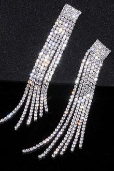 Rhinestone Crystal Long Tassel Earrings, perfect for any special occasion, weddings, events, bridal, etc.. Length: 4" Tassel Earrings Diamond, Bling Earrings Sparkle, Long Sparkly Earrings, Long Rhinestone Earrings, Rhinestone Earrings Long, Long White Earrings, Long Dangly Earrings, Crystal Tassel Earrings For Wedding, Elegant Silver Tassel Earrings For Party