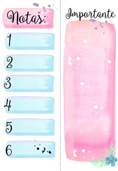 a pink and blue watercolored bookmark with the words notas importante on it