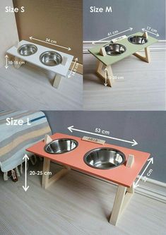 the dog bowl table is made out of wood and has two bowls on each side