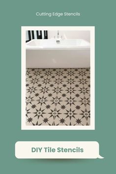 a bathroom with green walls and black and white flooring, the words diy tile stencils