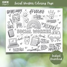 the social worker sticker sheet is shown in black and white, with hand lettering