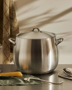 a large silver pot sitting on top of a counter next to a spoon and utensils