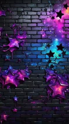 purple and blue stars against a brick wall