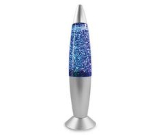 a blue and silver object on top of a metal stand with glitter in the middle