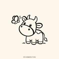 a black and white drawing of a cow with a butterfly on it's head