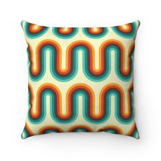 Retro 60s 70s Waves Mid Century Mod Orange & Blue Pillow | lovevisionkarma.com 70s Waves, Mid Century Modern Pillows, Retro Throw Pillows, Suede Pillows, Get Funky, Abstract Geometric Shapes, Boomerangs, Retro 60s, Retro Mid Century Modern