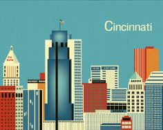 a blue and red cityscape with the words cincinnati on it