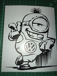 a drawing of a minion holding a wrench in one hand and the word vw on the other