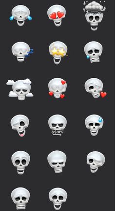 a bunch of skulls that are all different sizes and shapes, with hearts on them