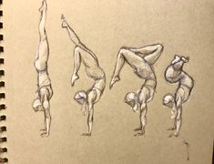 a drawing of three people doing different things in the air with their arms and legs