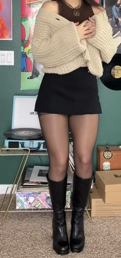 Spring To Fall Outfits, Cute Outfits With Panty Hose, Dress And Pantyhose Outfits, Boots And Mini Skirts Outfits, Fall Fits Skirt, Black Mini Skirt Outfit Midsize, Midsize Club Outfits Night Out, 16th Birthday Outfit Ideas Casual, Mini Skirt With Boots Outfit