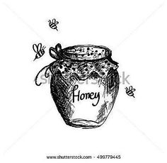 hand drawn honey jar with the word honey on it and bees flying around in the background