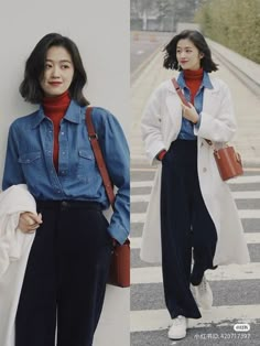 Chic Japanese Fashion, Office Outfits Women Trendy, Casual Winter Outfits Korean Style, Vintage Outfits Jeans, Outfits With Colorful Shoes, Flattering Winter Outfits, Japan Work Outfit, Blue Outfit Office, Modern Office Outfit