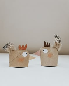 two cardboard birds with feathers on their heads