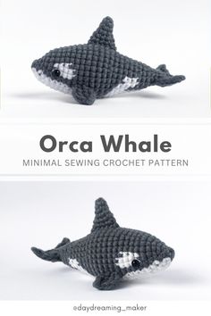 an orca whale crochet pattern is shown in three different sizes and colors