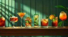 many different types of cocktails on a table with green wall in the back ground