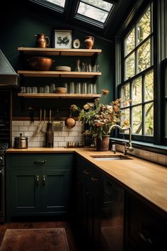 a kitchen filled with lots of counter top space next to a stove top oven and sink