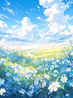 an anime scene with flowers in the foreground and clouds in the sky above it