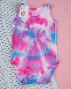 Pink, blue and purple tie-dyed upcycled cotton babygrow. A perfect outfit for a baby boy or baby boy or baby girl. Animal Clothing, Rose Bleu, Tie Dyed, Gender Neutral Baby, Pet Clothes, Baby Bodysuit, Perfect Outfit