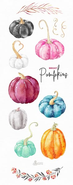 watercolor pumpkins with different colors and designs