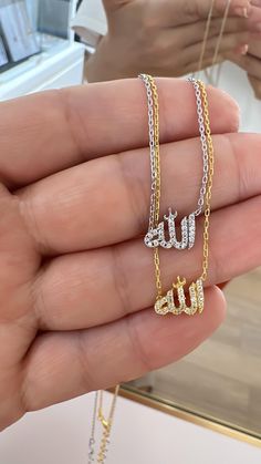 Micro Allah Written Pendant Necklace, Mini CZ  Pave Arabic Necklace, 925 Solid Silver, Dainty Quran Necklace, Islamic Necklace Gift for Her Chain Length40+5 cm This lovely earring is a perfect gift for your loved ones or just for yourself! 💫Listing is for 1 piercing . Please choose a color in the variations section. Jewelry is made with 925 sterling silver and plated with 14K rose gold/gold PRODUCTION  TIMES  * All items are custom made to order. Our production time is about 1-3business days. DELIVERY We use DHL shipping to the USA and the estimated shipping time is 4 - 7 business days. For Europe, you can receive your package in 3 weeks with the local cargo company. CONDITIONS FOR USING YOUR JEWELRY  Since all the delicate models we produce are handcrafted, it is necessary to be careful Arabic Jewelry Necklaces, Arab Necklace, Muslim Jewellery, Islam Necklace, Muslim Necklace, Islamic Necklace, Allah Necklace, Arabic Necklace, Arabic Jewelry