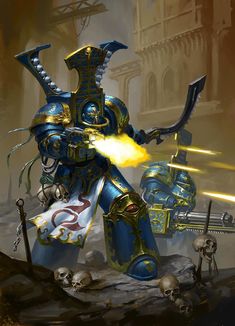 a blue and gold painted warhammer with flames coming out of it