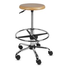 an office chair with wheels and a wooden seat on the back of it, against a white background